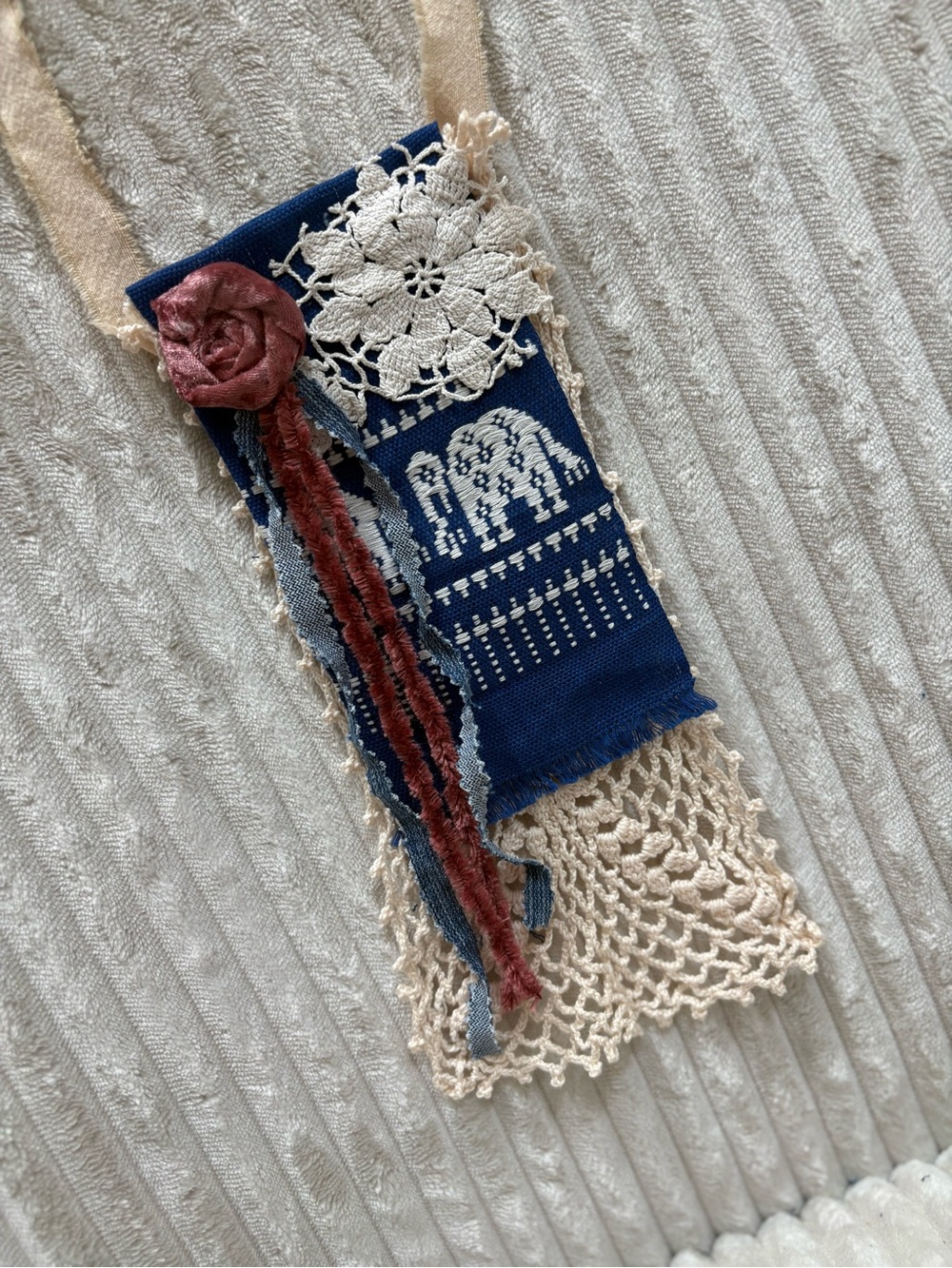 Handcrafted EmbroideredJabot Blue and Cream Necklace Collar